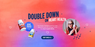 Advertisement for Omega-3 supplements with a colorful gradient background and text about heart health.