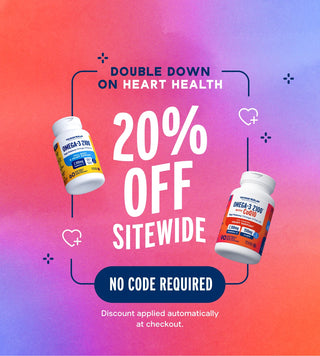 Promotional graphic for Omega-3 supplements with a 20% off sitewide discount on a colorful background.