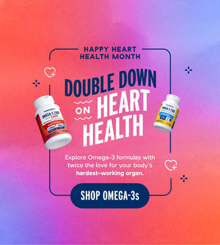 Advertisement for heart health supplements with a gradient background and text promoting Omega-3 formulas.