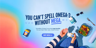 Promotional image for Omega-3 supplements with a colorful gradient background.
