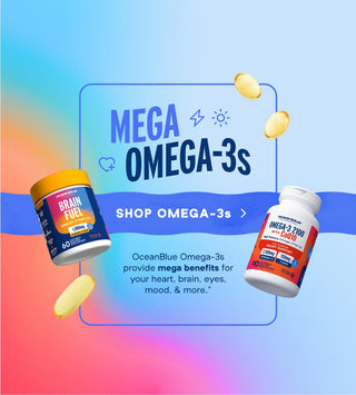 Promotional image of Omega-3 supplement bottles with text on a colorful gradient background