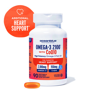 A bottle of Omega-3 2100 MG with CoQ10, orange softgel, and heart health badge on the left.
