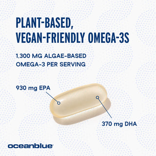 Image of the Omega-3 1300 Vegan MG capsule reveals contents: Plant-based, vegan-friendly omega-3s. Contains 1,300 mg of sustainably-sourced omega-3s per serving with 930 mg EPA and 370 mg DHA. Brand name OceanBlue, LLC prominently displayed.