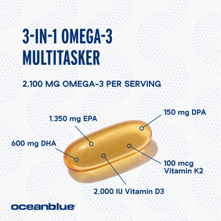 A transparent capsule against a speckled backdrop highlights Omega-3 2100 MG with Vitamin K2 & D3 by OceanBlue, LLC. It offers 1,350 mg EPA, 600 mg DHA, 150 mg DPA, with 2,000 IU Vitamin D3 and 100 mcg Vitamin K2 per serving for a total of 2,100 mg Omega-3s.