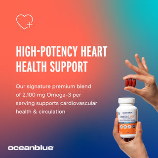 A hand holds OceanBlue, LLCs Omega-3 2100 MG with Turmeric supplements, releasing four capsules that promote cardiovascular health. High-Potency Heart Health Support text appears on a red to turquoise gradient backdrop, highlighting superior circulation benefits.