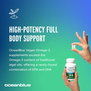 Two hands display a bottle of OceanBlue, LLCs Omega-3 1300 Vegan MG supplements and two capsules, highlighting their EPA/DHA potency from sustainably-sourced algal oils. A blue background emphasizes the plant-based formula.