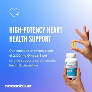 A hand presents Omega-3 capsules beside an OceanBlue bottle labeled Omega-3 2100 MG with Vitamin K2 & D3. Highlighted text emphasizes High-Potency Heart Health Support with 2,100 mg Omega-3s per serving, enhanced by Vitamin D3, against a blue and white gradient background.