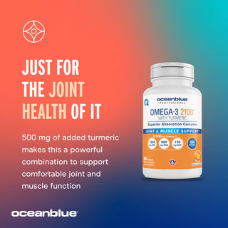 A bottle of OceanBlue, LLCs Omega-3 2100 mg with Turmeric capsules in an image highlights joint and muscle support with 500 mg of added curcumin for improved joint health against a blue to orange gradient background.