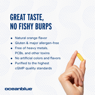 A hand holds a yellow capsule against a dotted blue background, and beside it, text highlights: natural orange flavor, allergen-free, Omega-3s with Vitamin K2 & D3, free of heavy metals, no artificial colors, and cGMP quality standards. The OceanBlue logo is at the bottom.
