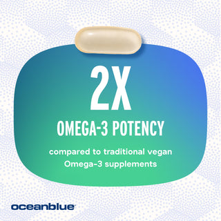A graphic features a large pill at the top with 2X Omega-3 Potency compared to traditional plant-based Omega-3 supplements text on a blue/green gradient background. The brand name OceanBlue, LLC is displayed at the bottom, showcasing Omega-3 1300 Vegan MG.