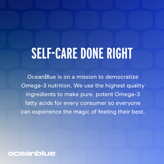 A blue square graphic with Self-Care Done Right on top. Below, it says, OceanBlue, LLC is on a mission to democratize Omega-3 2100 MG with Vitamin K2 & D3 nutrition... The OceanBlue logo appears at the bottom left.