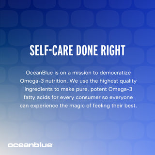 Blue gradient background with white text: SELF-CARE DONE RIGHT. OceanBlue, LLC is on a mission to democratize Omega-3 nutrition with Omega-3 2100 MG with Turmeric, delivering pure, potent Omega-3 fatty acids enriched with curcumin for all. OceanBlue logo at the bottom.