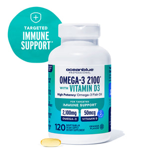 Omega-3 2100 with Vitamin D3 softgels deliver essential fatty acids for targeted immune support.