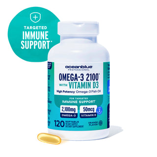 Omega-3 2100 with Vitamin D3 bottle; softgel front; teal immune support badge shown.