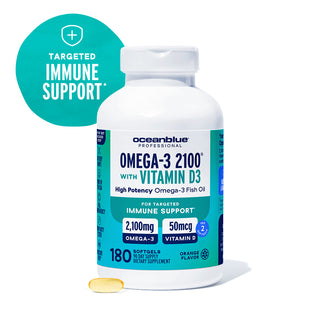 A white bottle of Omega-3 2100 with Vitamin D3 and a yellow softgel offer essential fatty acids for immune support.