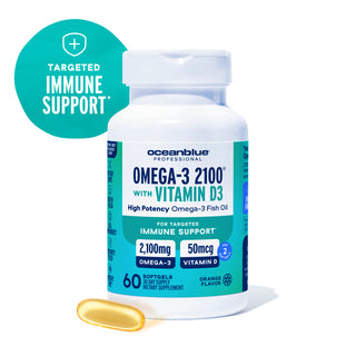 A bottle of Omega-3 2100 MG with Vitamin D3 softgels, one yellow softgel, and a teal immune support icon.
