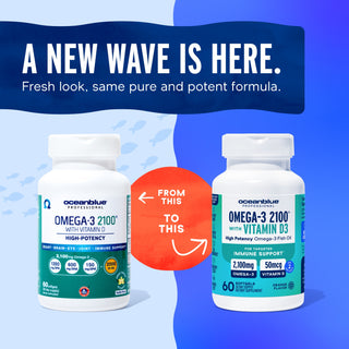 Two Omega-3 2100 MG with Vitamin D3 bottles: old white label, new blue-green label, text reads "A New Wave Is Here.