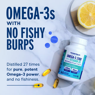 Omega-3 2100 MG with Vitamin D3: pure, potent capsules with lemon—no fishy burps.