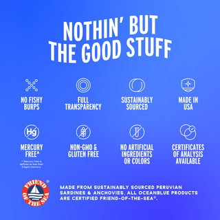 Blue graphic with “Nothin’ But The Good Stuff” and wellness icons for Everyday Omega Minis: transparency, sustainability, certifications.