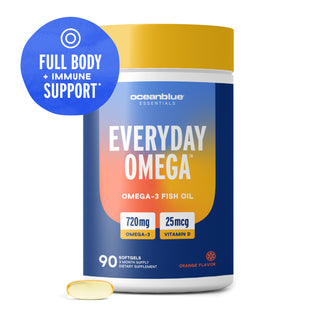 A bottle of Everyday Omega for immune support, with one softgel next to it.