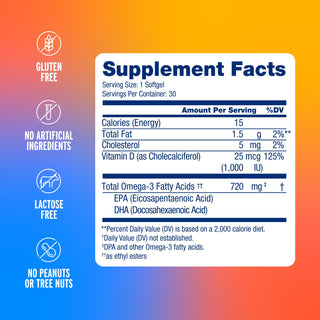 Everyday Omega softgel: Omega-3, gluten/lactose/nut free, no artificial ingredients; gradient background label.