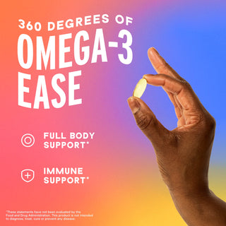A hand holds an Everyday Omega softgel, with white text highlighting Omega-3 and immune support benefits.