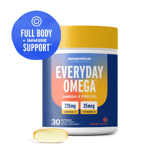 A bottle of Everyday Omega (30 softgels) for immune support with 25mcg Vitamin D3, plus one softgel displayed.