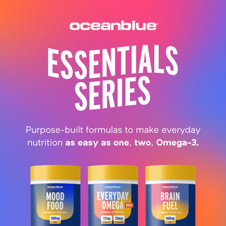 The image displays three supplement bottles on a vibrant, colorful background. The first bottle, labeled Mood Food, is designed to support emotional well-being. The second bottle, Everyday Omega, focuses on daily omega-3 intake for overall health benefits. The third bottle is labeled Brain Fuel, suggesting cognitive enhancement support. These supplements are highlighted as being rich in essential Omega-3 fatty acids for immune system support.