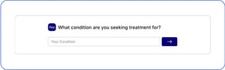 Healthcare interface asking 'What condition are you seeking treatment for?' with a text box and submit button.