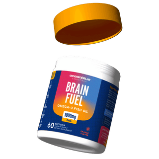 A white container with a yellow lid labeled Brain Fuel Omega-3 Fish Oil 1000mg DHA with 60 softgels, featuring an orange flavor indication, is shown. The lid is floating above the bottle.