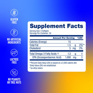 Mood Food* label: mood support & brain health claims, gluten free, nut free, on blue gradient background.