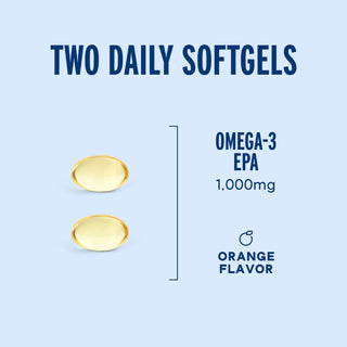 Two daily Mood Food* softgels, Omega-3 EPA 1,000mg, orange flavor on blue background.