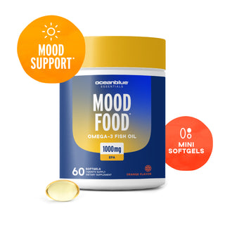 A bottle of Mood Food* Omega-3 EPA Fish Oil, 60 softgels, "Mood Support" for brain health, with a softgel shown.