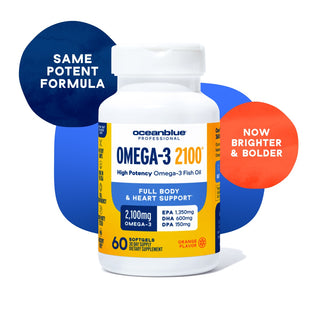 A bottle of Omega-3 2100 MG promotes heart, brain, eye, and joint health. It contains 60 softgels with 1350 mg EPA, 600 mg DHA, and 150 mg DPA. The packaging is white with blue and yellow accents on a soothing blue background.
