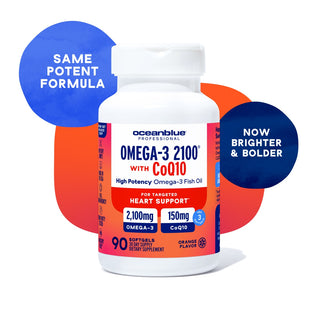 A white bottle of Omega-3 2100 MG with CoQ10 by OceanBlue, LLC holds 90 softgels. With a natural orange flavor, it aids heart health via Omega-3s providing per serving: 1,350 mg EPA, 600 mg DHA, and 150 mg DPA.