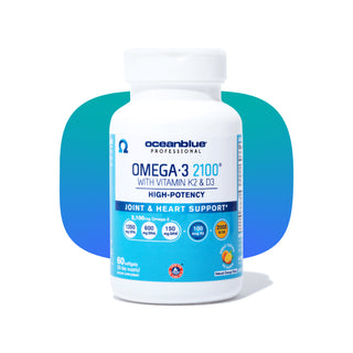 A white bottle labeled Omega-3 2100 MG with Vitamin K2 & D3 by OceanBlue, LLC sits on a blue background. It features high potency for joint and heart support with 60 orange-flavored softgels containing 2,100 mg of Omega-3s, including 650 mg EPA and 650 mg DHA for enhanced wellness.