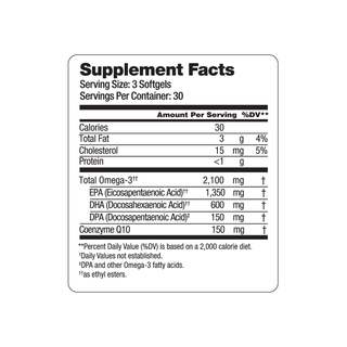 The Omega-3 2100 MG with CoQ10 by OceanBlue, LLC features a supplement facts label for 3 softgels per serving, emphasizing heart health benefits. It lists calories, total fat, cholesterol, protein, total Omega-3s (EPA/DHA/DPA), and CoQ10 with daily values based on a 2,000 calorie diet.