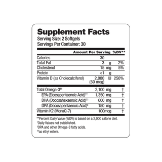 OceanBlue, LLCs Omega-3 2100 MG with Vitamin K2 & D3 softgels display nutritional facts like calories, total fat, cholesterol, protein, vitamin D3, omega-3s (EPA, DHA, DPA), and vitamin K2. Daily values are based on a 2,000-calorie diet.