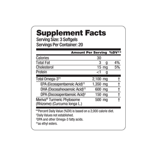 The Supplement Facts label for OceanBlue, LLCs Omega-3 2100 MG with Turmeric lists: 3 softgels per serving, offering 30 calories, 3g total fat, and under 1g protein. Each serving contains EPA (1,350mg), DHA (600mg), DPA (150mg), and Meriva® Turmeric extract. There are 20 servings per container.
