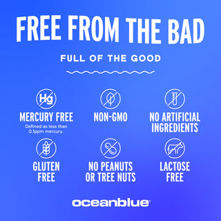 Blue graphic for Omega-3 2100 MG lists: mercury free, non-GMO, gluten free, lactose free, Omega-3 fish oil.