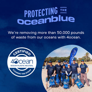 Group in blue shirts with bags on a beach, supporting 4ocean and promoting Omega-3 2100 with NEM for mobility.