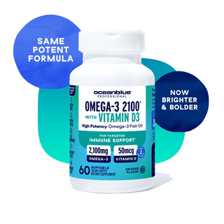 A white bottle of Omega-3 2100 MG with Vitamin D3 by OceanBlue, LLC offers high potency for heart, brain, eye, joint, and immune support. Contains 60 vanilla-flavored softgels.
