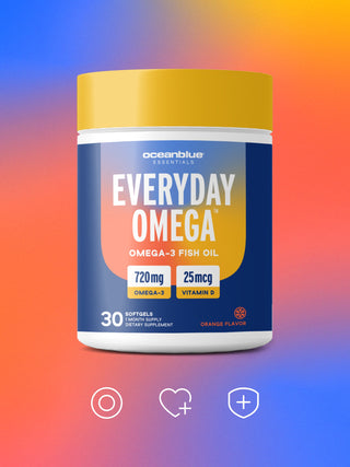 A jar of Everyday Omega dietary supplement featuring omega-3 fish oil and vitamin D. Contains 30 softgels with 720 mg omega-3 and 25 mcg vitamin D. Orange flavor with a colorful gradient background.