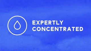 A solid blue background with a white outline of a water droplet in a circle on the left. The text EXPERTLY CONCENTRATED is in bold white letters to the right of the droplet.