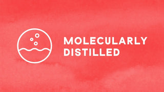 A red background with a white icon of a circular distillation process on the left, featuring bubbles and a horizontal line. The text Molecularly Distilled is on the right.