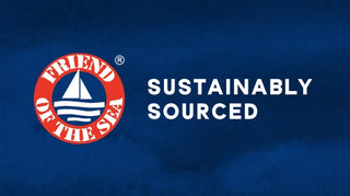 Friend of the Sea logo with a sailboat and waves on a red circle background, alongside the text SUSTAINABLY SOURCED on a dark blue background.