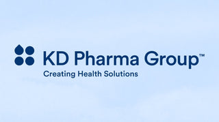 Logo of KD Pharma Group on a light blue background. The text reads KD Pharma Group™ Creating Health Solutions. Blue water droplet symbols are positioned to the left of the text.