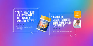 A colorful advertisement shows a supplement bottle labeled Everyday Omega with customer testimonials. One praises its effectiveness for playing golf, and another humorously claims a mothers praise for her child. A sticker says, Keep it up, honey!.
