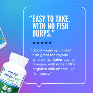 Image featuring two bottles of Oceanblue Omega-3 1300 Vegan supplements against a blue gradient background. A testimonial reads, Easy to take, with no fish burps, highlighting the benefits of the vegan omega product.