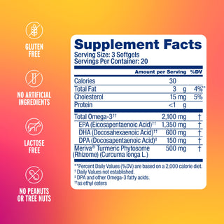 Omega-3 2100 MG with Turmeric label features icons for gluten free, omega-3, no artificial ingredients, and joint support.